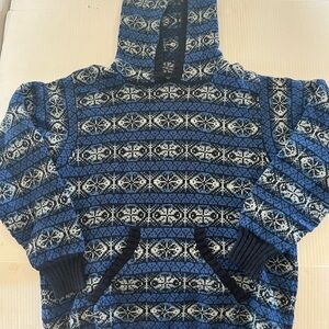 Blue and Black Patterned Shetland Wool Sweater Hoodie